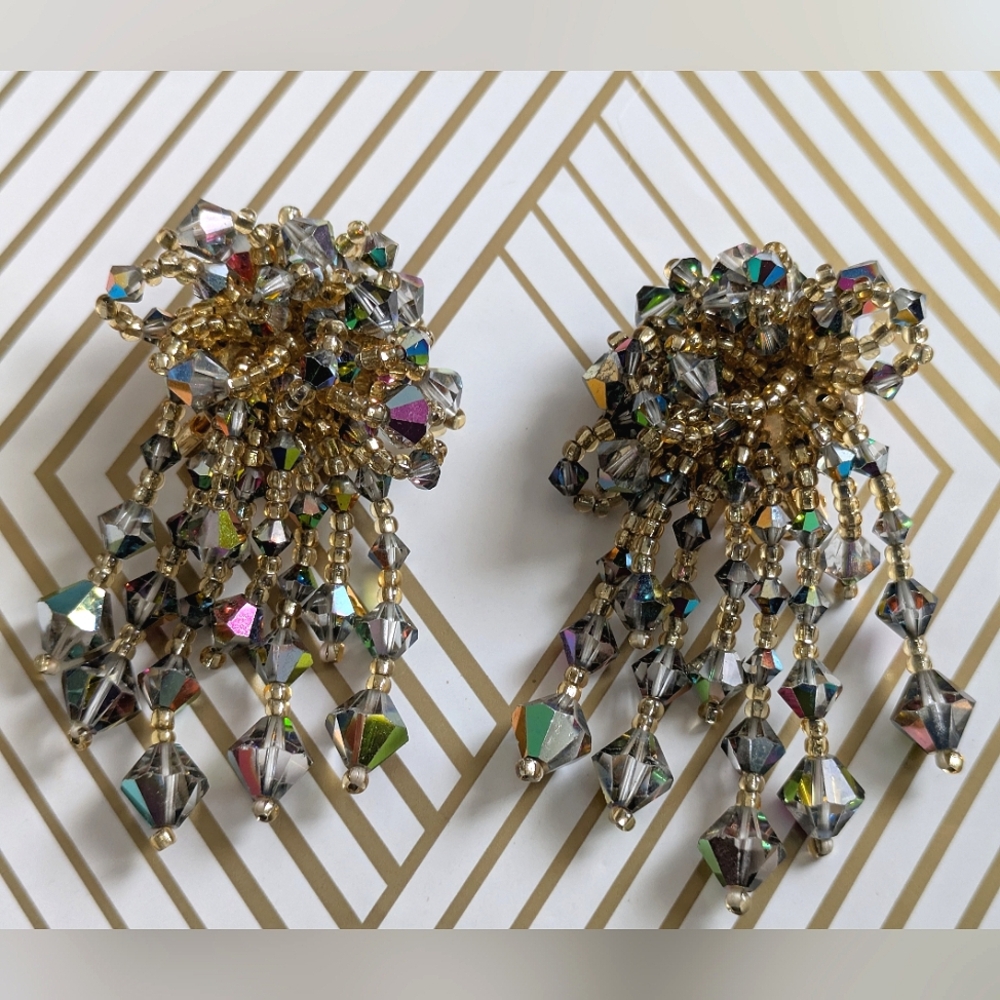 Vintage, Glam, Waterfall, faceted, sparkling Chandelier Drop Clip on Earrings - Picture 11 of 13